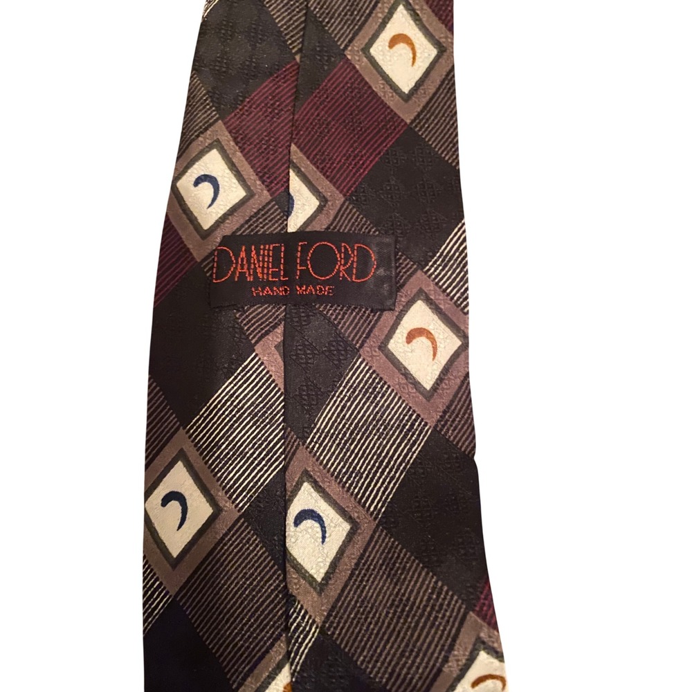 Daniel Ford Mens Geometric Patchwork Necktie Burgundy Black Grey Handmade Tie